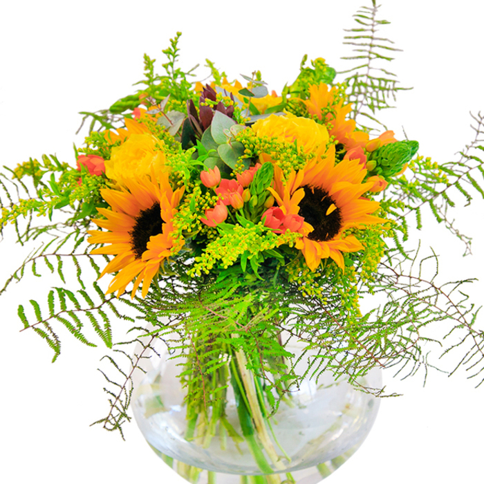 Upon seeing this luminous bouquet, you are immediately greeted with a sense of cheerful extravagance, reminiscent of summer afternoons in the heart of Chelmsford. Rich, golden sunflowers-with their bold, dark centers and radiant petals-reach outward, exuding optimism that feels right at home near the bustling scenes of Moulsham Street. Nestled between their broad faces, yellow garden roses bloom with classic elegance, each tightly spun petal forming delicate spirals that bring both visual and textural intrigue. Glossy red hypericum berries are artfully scattered across the arrangement, their brightness lively amid the gathers of lush, deep green leaves and whisper-thin sprigs of goldenrod or solidago. Fern fronds spill gently from the edges of the bouquet, their fine, featherlike structure infusing the ensemble with a sense of natural movement, like wind rustling through meadows on the edge of Admirals Park. A touch of eucalyptus lends subtle, bluish-green tones that highlight the bouquet's wild, rustic charm. All these elements are thoughtfully displayed in a modern, rounded glass vase, its transparency allowing every stem and the pure, clean water to be admired, bestowing a feeling of freshness. The aroma is understated yet invigorating-a fusion of sun-warmed blooms and crisp greenery. Perfect for anniversaries, milestone birthdays, or celebrating everyday joys, this bouquet-arranged by Flowers Chelmsford-captures the vibrancy and warmth of the city in full bloom, ideal for delivery to homes and businesses across town.