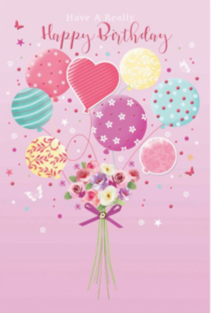 This illustrated birthday card captures the feeling of a gentle celebration, as if the sky above Chelmsford has been filled with balloons and flowers just for one special person. The background is a soothing, powdery pink, setting a calm yet cheerful stage for the main design: a floating bouquet where pastel balloons and fresh blooms intertwine. Each balloon has its own visual character - one might be bathed in pale sunshine yellow, another in a wash of seafoam green, others in rose, lilac, and soft lavender - with patterns that range from swirling ribbons and candy stripes to dainty dots and confetti speckles. They appear to cluster and rise together, their rounded forms catching an imagined soft daylight, as if lit by gentle sun spilling across a window near Chelmsford Cathedral. At the base of this airy ensemble sits a compact hand-tied bouquet, suggesting petite roses and daisy-like blossoms in cream, blush pink, and gentle mauve. The petals look velvety and slightly cupped, with subtle shading from ivory to rose that hints at freshness and fragrance, like flowers just conditioned in a local studio off Broomfield Road. Slender green stems emerge beneath, neatly gathered and wrapped with a vibrant purple bow that has a delicate sparkle, echoing the magic of birthday candles. Around the central image, tiny stars and small butterfly shapes hover and drift, evoking the feeling of butterflies you might spot on a warm day in Hylands Park. The whole composition balances whimsy and refinement, turning the simple idea of sending birthday wishes into a tender, visually rich moment, as if the card itself carries a bouquet ready to be delivered across Chelmsford.